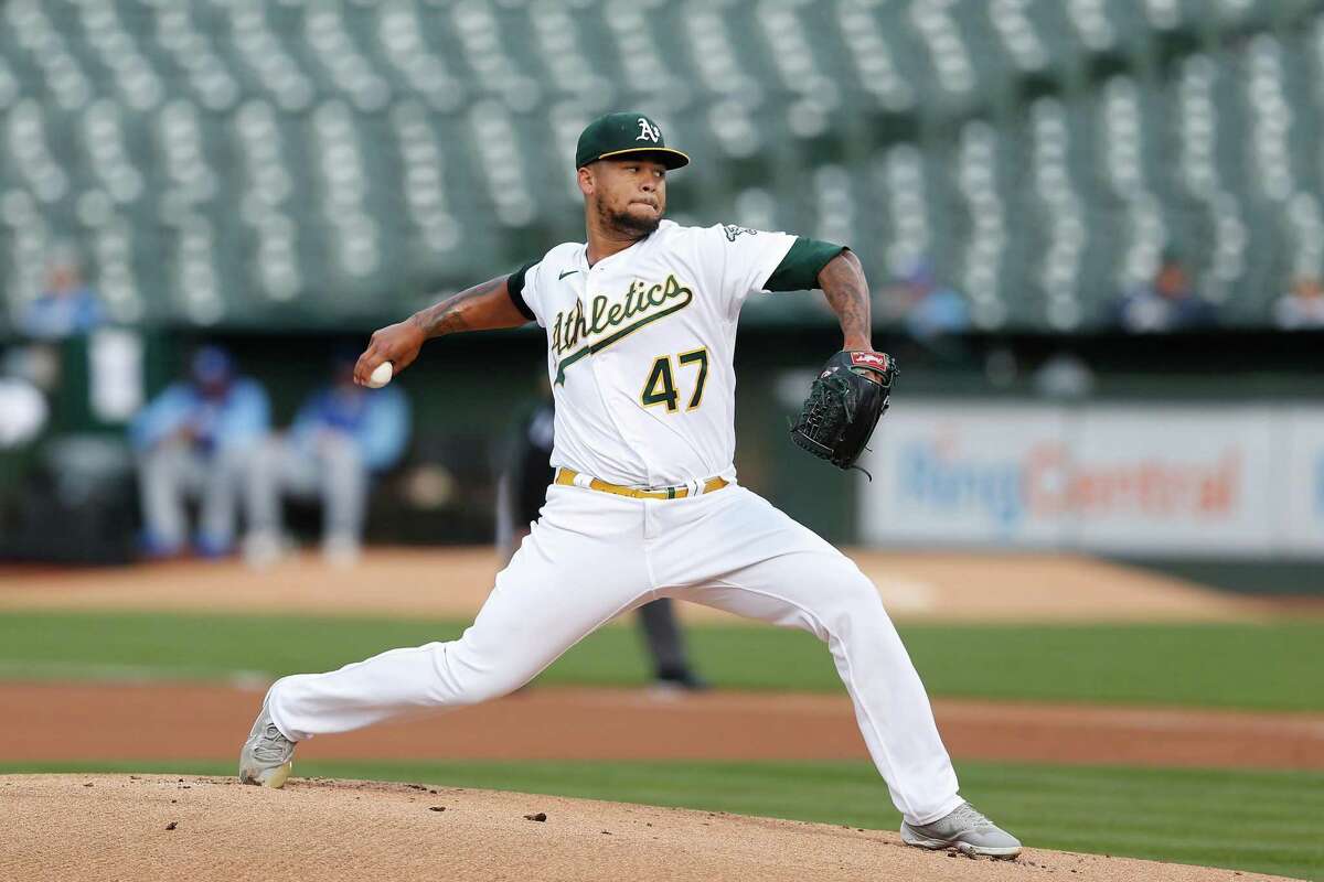 OAKLAND, CALIFORNIA - JUNE 17: Frankie Montas #47 of the Oakland Athletics pitches in the top of the first inning against the Kansas City Royals at RingCentral Coliseum on June 17, 2022 in Oakland, California. (Photo by Lachlan Cunningham/Getty Images)