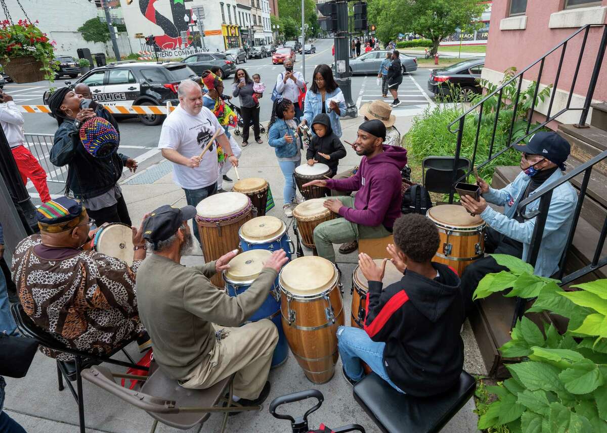 The Washington Park Rumberos play during the Juneteenth celebration held in front of the African American Cultural Center of the Capital Region on Pearl Street in Albany, NY, on Saturday, June 18, 2022. (Jim Franco/Special to the Times Union)