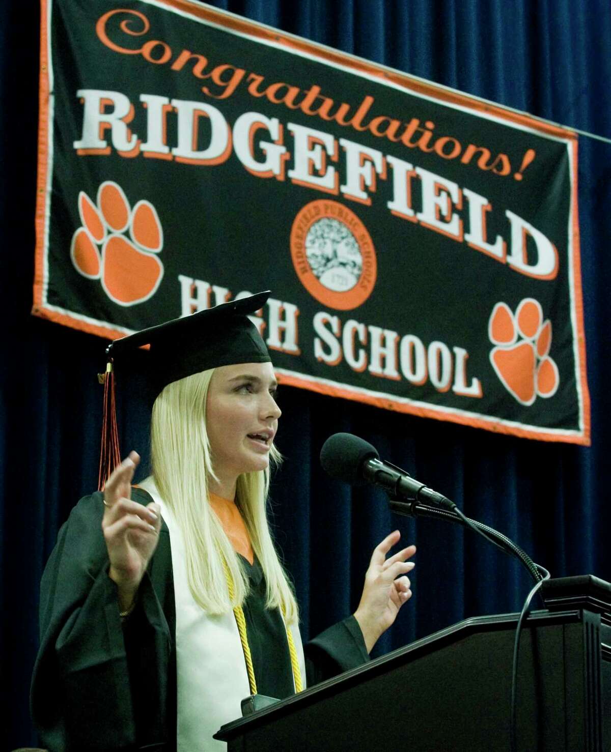 Class President, Molly Lyons, speaks to the class at the Ridgefield High School graduation held at the O'Neill Center. Friday, June 17, 2022