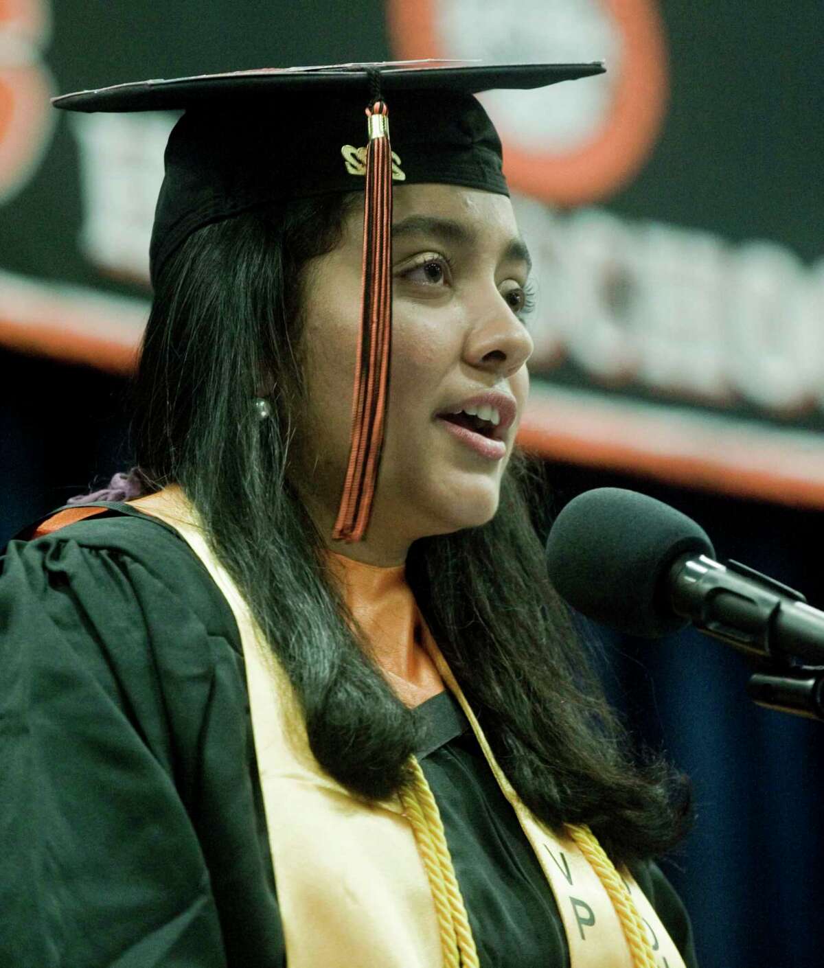 Valedictorian, Hersha Chauhan, addressing the class at the Ridgefield High School graduation held at the O'Neill Center. Friday, June 17, 2022
