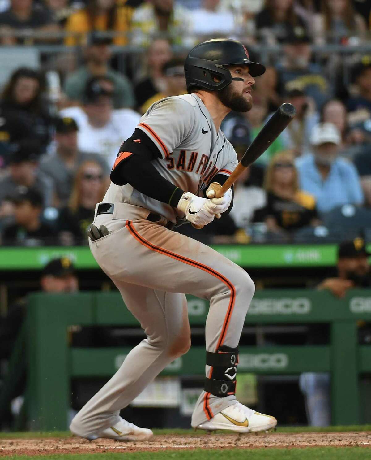 PITTSBURGH, PA - JUNE 18: Luis Gonzalez #51 of the San Francisco Giants hits an RBI double to center field in the seventh inning during the game against the Pittsburgh Pirates at PNC Park on June 18, 2022 in Pittsburgh, Pennsylvania. (Photo by Justin Berl/Getty Images)