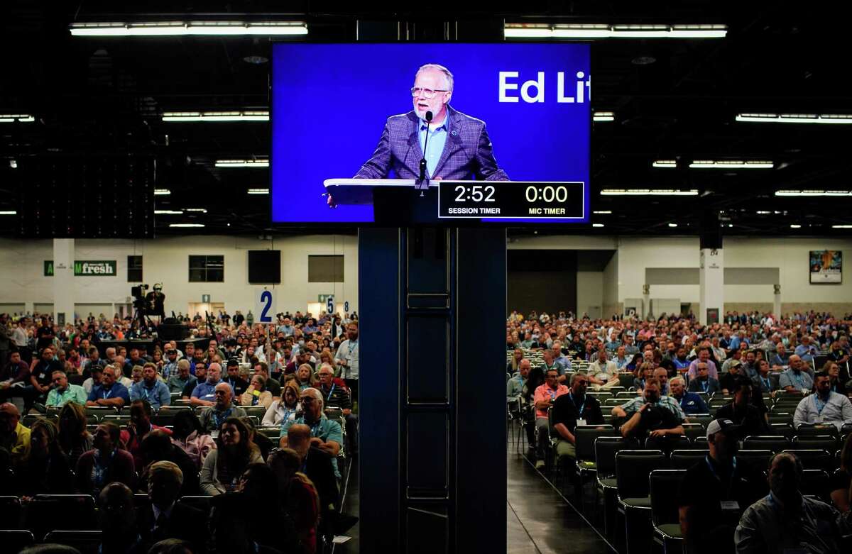 Southern Baptist Convention President Ed Litton speaks about a motion to abolish the Ethics & Religious Liberty Commission, which serves as the public policy arm of the SBC, during the 2022 SBC Annual Meeting on Wednesday, June 15, 2022, at the Anaheim Convention Center in Anaheim.