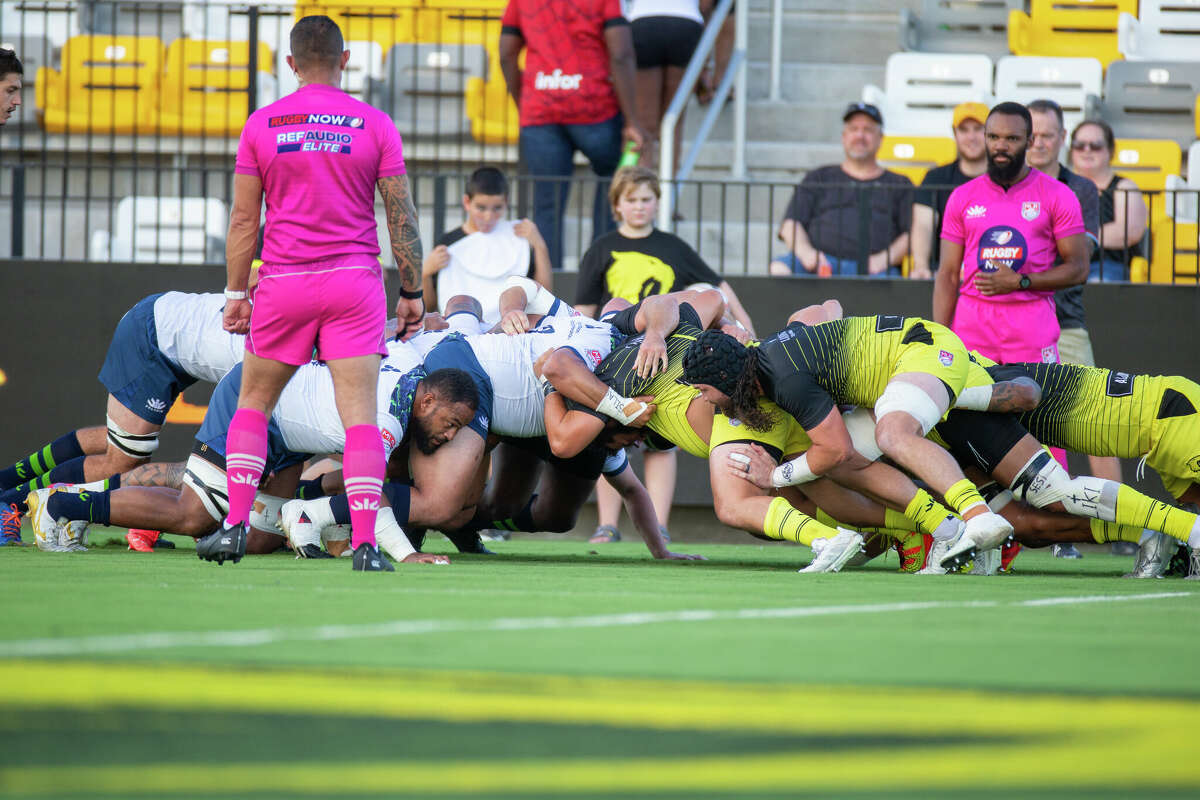 Sabercats scrum-half battle for position during the first half of action between the Houston SaberCats vs Seattle Seawolves during the playoffs at AVEVA Stadium, Saturday, June 17, 2022, in Houston. ( Juan DeLeon/Contributor)