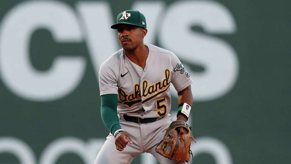 Oakland Athletics' Tony Kemp plays against the Boston Red Sox during the first inning of a baseball game, Tuesday, June 14, 2022, in Boston. (AP Photo/Michael Dwyer)