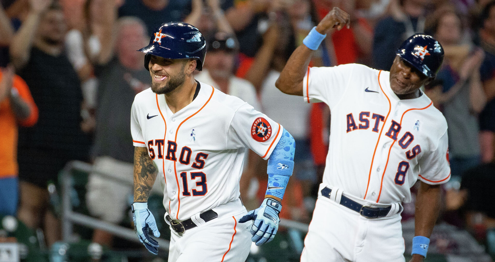 Houston Astros' J.J. Matijevic (13) celebrates with Jose Altuve after  hitting a home run against the Chicago White Sox during the fourth inning  of a baseball game Sunday, June 19, 2022, in