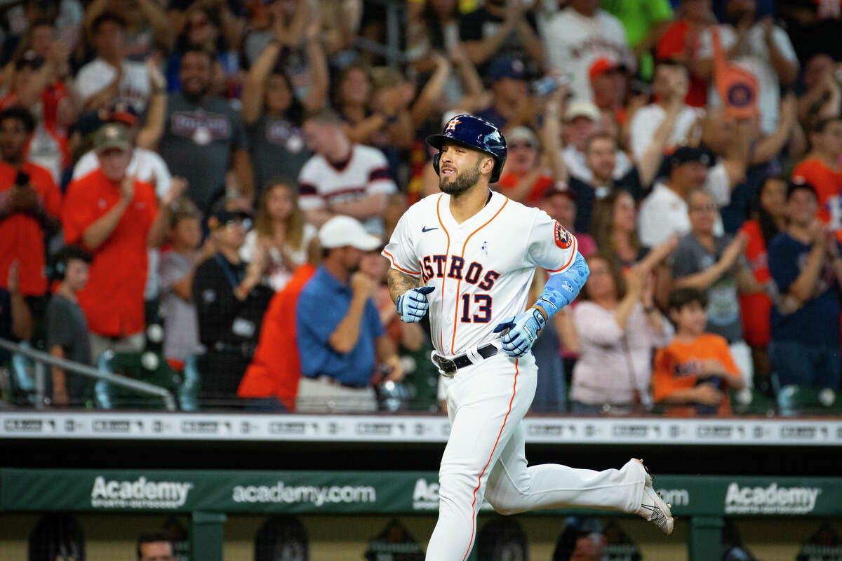 Houston Astros designated hitter J.J. Matijevic (13) runs home after hitting his first major league home run during the fourth inning of a game between the Houston Astros and Chicago White Sox on Sunday, June 19, 2022, at Minute Maid Park in Houston.