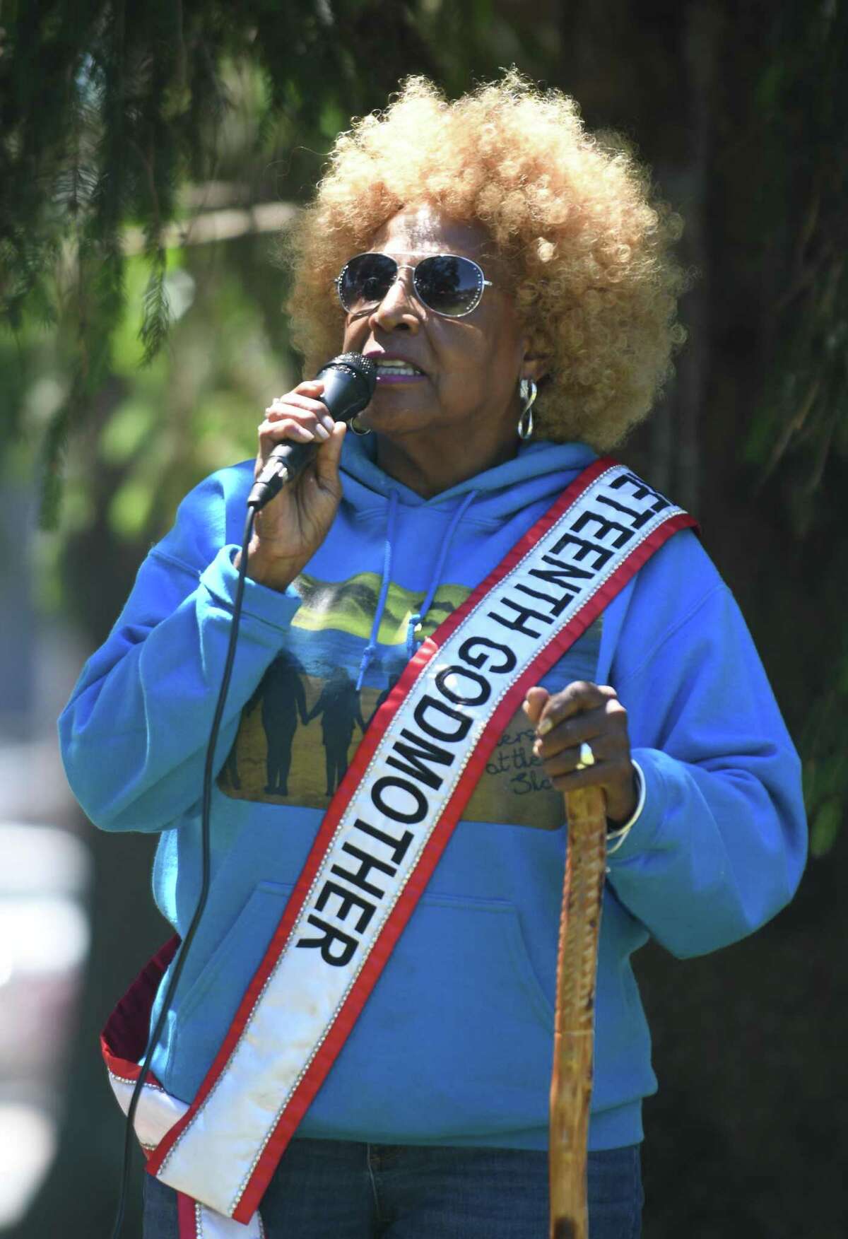 Cynthia Griffin, founder of Juneteenth of Fairfield County, speaks during the Juneteenth celebration at Jackie Robinson Park.