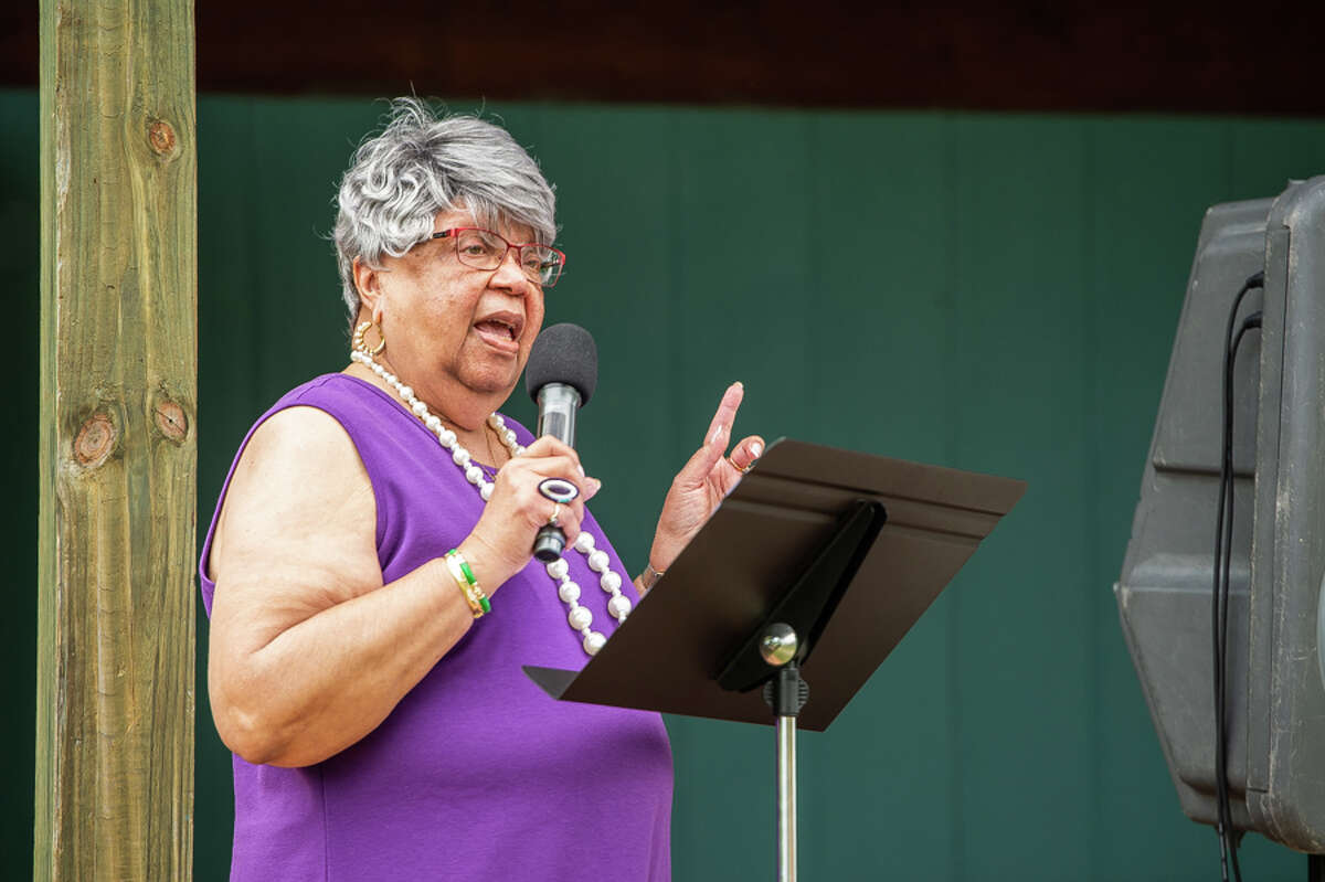 Midland resident and historical researcher Betty Jones gives a speech at Midland's inaugural Juneteenth Block Party on Sunday, June 19, 2022 at Creative 360.