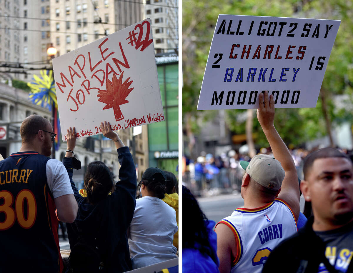 Nina Legaspi, left, of Alameda celebrates the Candaian roots of Warriors star Andrew Wiggins; while Frank Martinez made the trip from Monterey Bay to express his dislike for Charles Barkley's opinions at the Warriors victory parade, on June 20, 2022.u00a0
