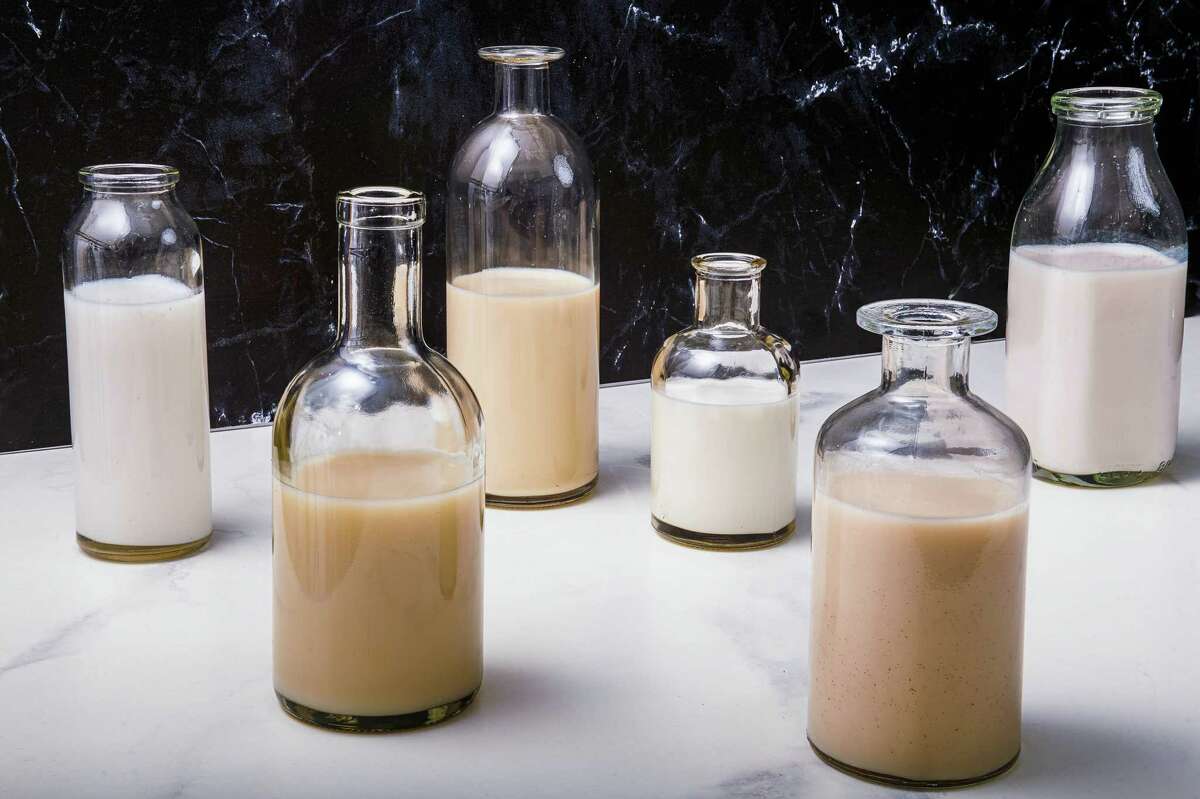 Left to right: Rice milk, oat milk, soy milk, coconut milk, hemp milk and almond milk.