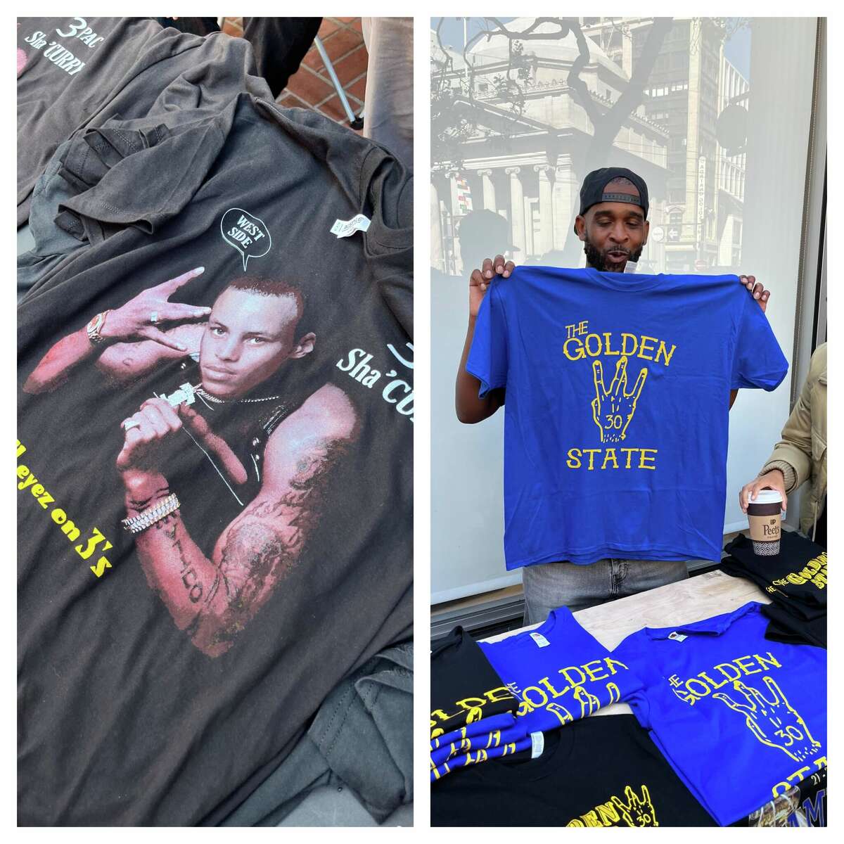 Off-brand Golden State Warriors merchandise could be found up and down Market St. during Monday's NBA Championship parade.
