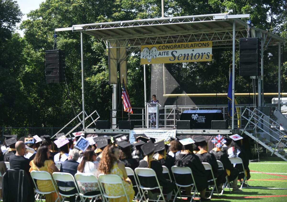 AITE Principal Tina Rivera speaks at the 2022 commencement ceremony at Academy of Information Technology & Engineering magnet high school in Stamford, Conn. Monday, June 20, 2022.