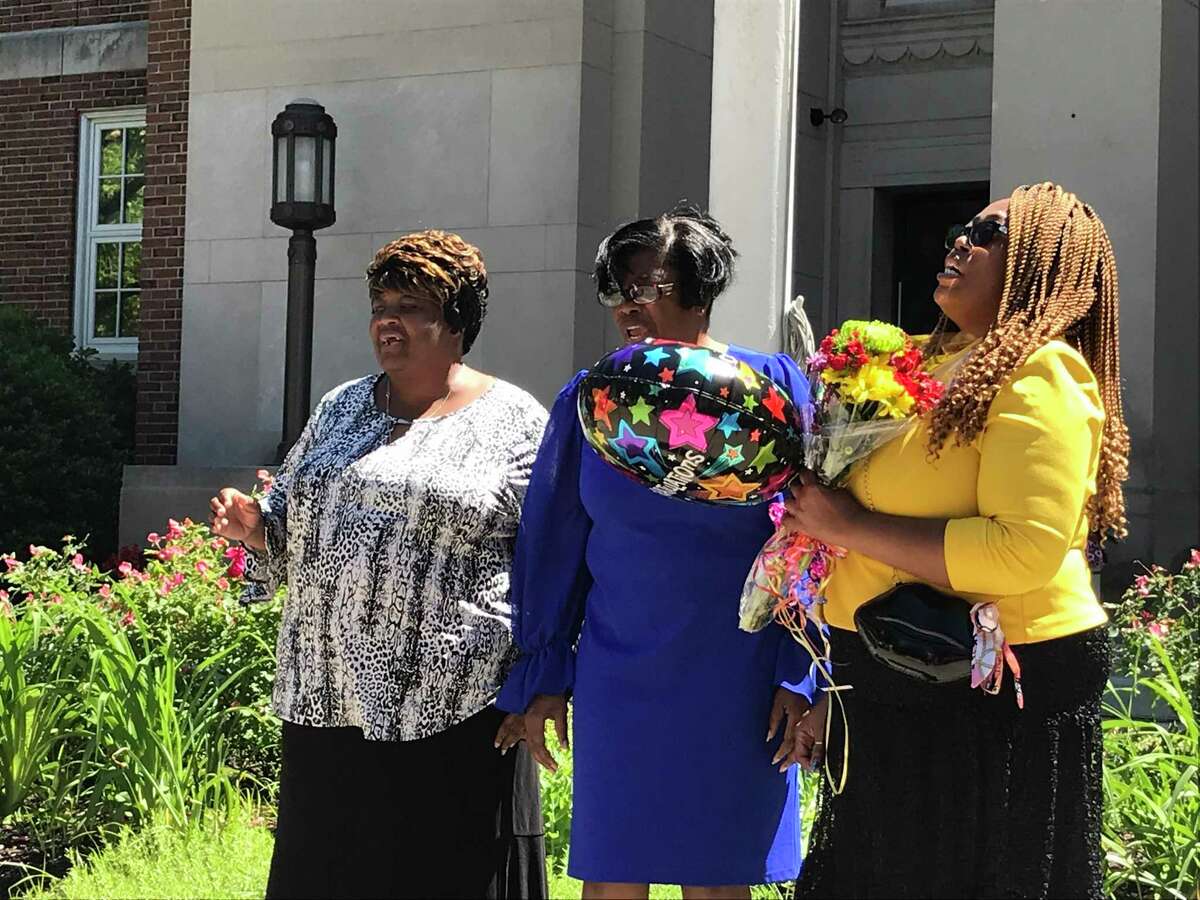 Torrington honored resident Darlene Battle, center, as its 2022 Juneteenth Mayor, with a ceremony on June 19 outside City Hall. Battle is joined by her sisters, Christine Cherry, left, and Arlene Magloire, singing "Halleluiah, I am free!"