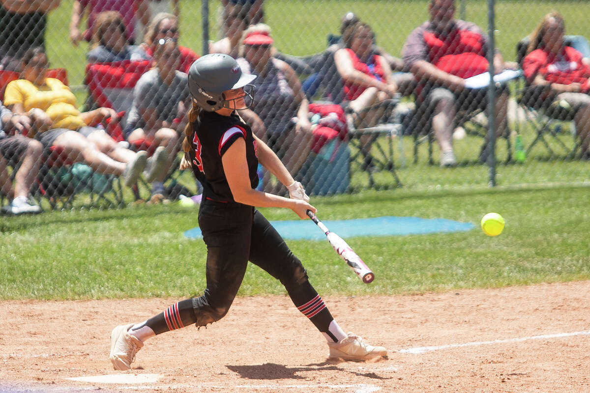 Beaverton's Alexis Grove takes a swing during a June 3, 2022 district semifinal against Farwell.