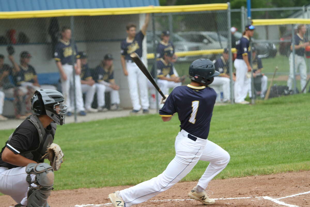 Manistee Saints infielder Lucas Weinert makes contact against the Wyoming Nationals on June 11. 