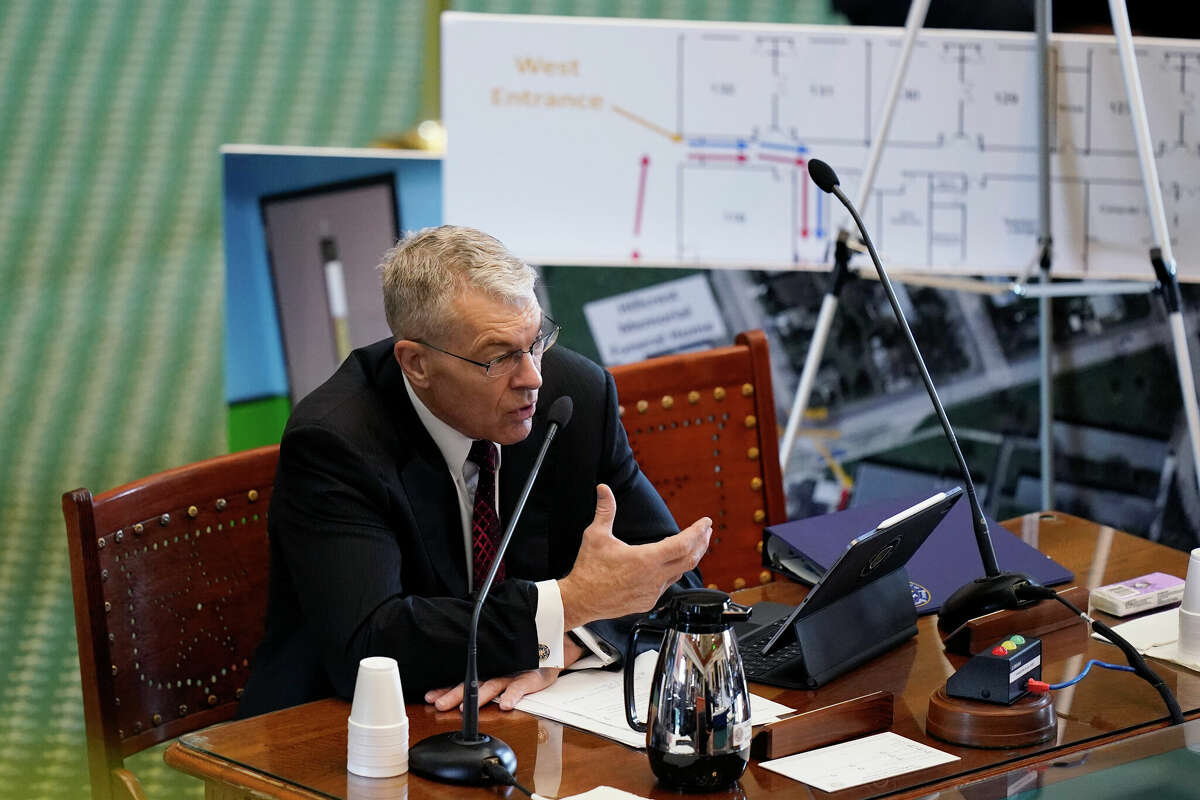 Using a diagram of Robb Elementary School in Uvalde, Texas, Texas Department of Public Safety Director Steve McCraw testifies at a Texas Senate hearing at the state capitol on Tuesday, June 21, 2022, in Austin. Two teachers and 19 students were killed in last month's mass shooting in Uvalde. 
