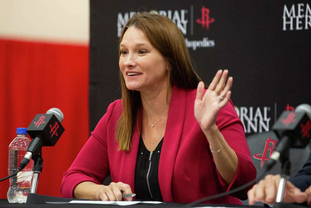 Houston Rockets President of Business Operations Gretchen Sheirr talks about the organization’s special partnership with Memorial Hermann Health System during a press conference Tuesday, June 21, 2022, at Practice Court Toyota Center in Houston. Begain July 1, 2022, Memorial Hermann’s orthopedics and sports medicine services will be rebranded as Memorial Hermann | Rockets Orthopedics.