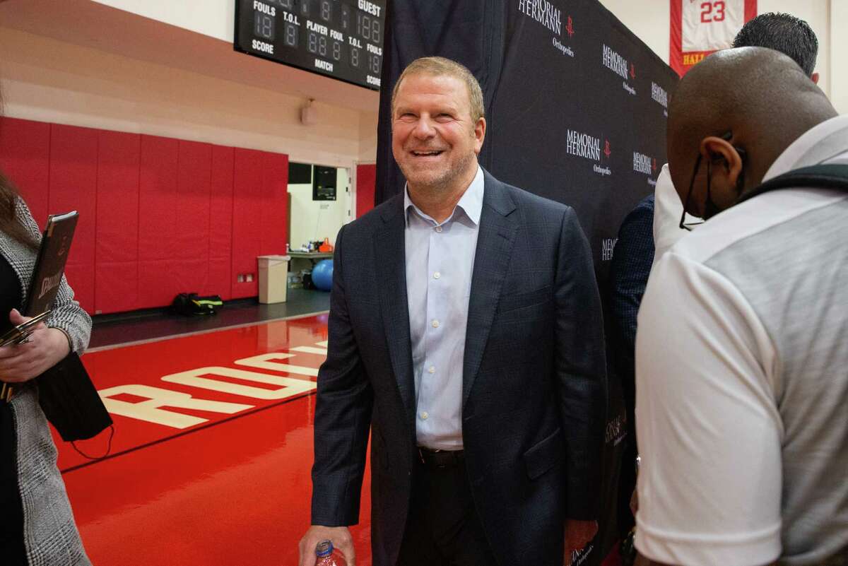 Houston Rockets Owner Tilman Fertitta leaving after discussing the upcoming NBA draft with the press on June 21, 2022, at Practice Court Toyota Center in Houston.