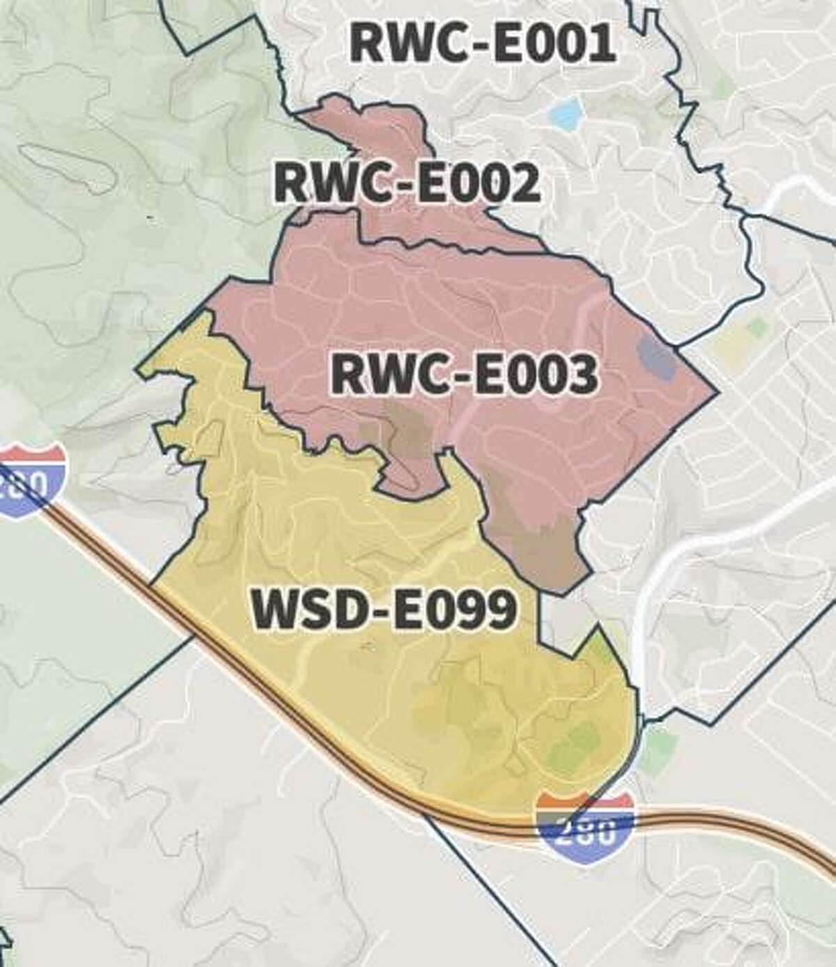 A map showing the evacuation zones in San Mateo County prompted by the Edgewood Fire. Areas shaded in red were deemed to be mandatory evacuation areas.