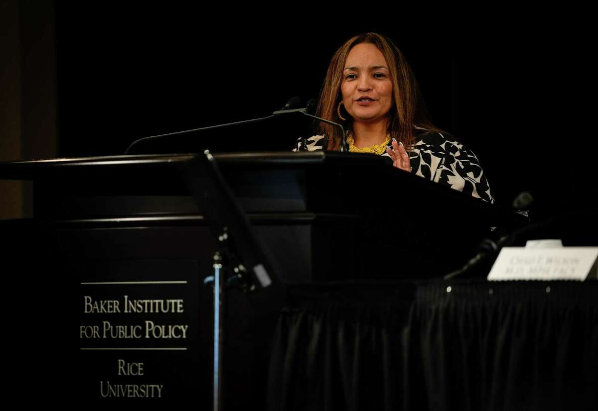 Lupe Washington, division director of Community Health and Violence Prevention Services at Harris County Public Health, speaks during a symposium about preventing firearm injury and death in the Houston area Tuesday, June 21, 2022, at Rice University’s Baker Institute for Public Policy in Houston.