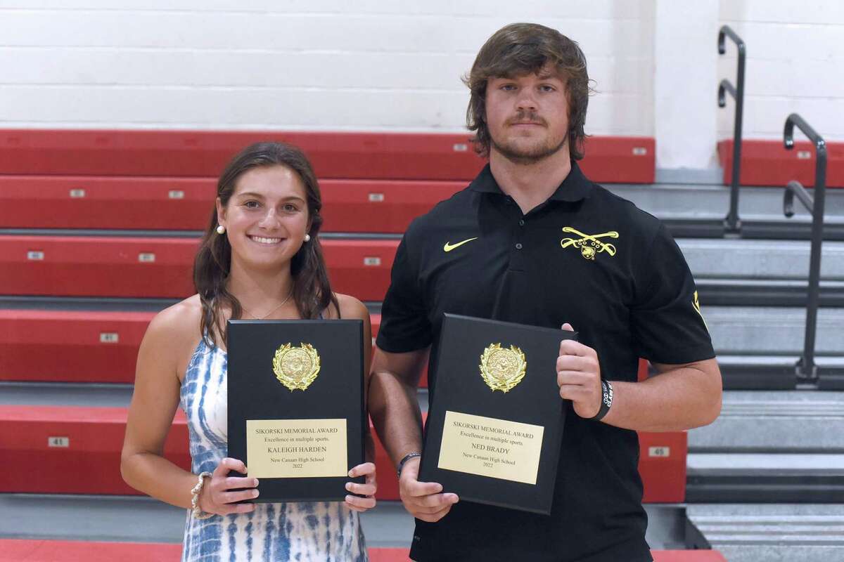 New Canaan seniors Kaleigh Harden and Ned Brady received the high school’s Joe Sikorski Award, given annually to the seniors who represent the best of New Canaan’s athletic program.