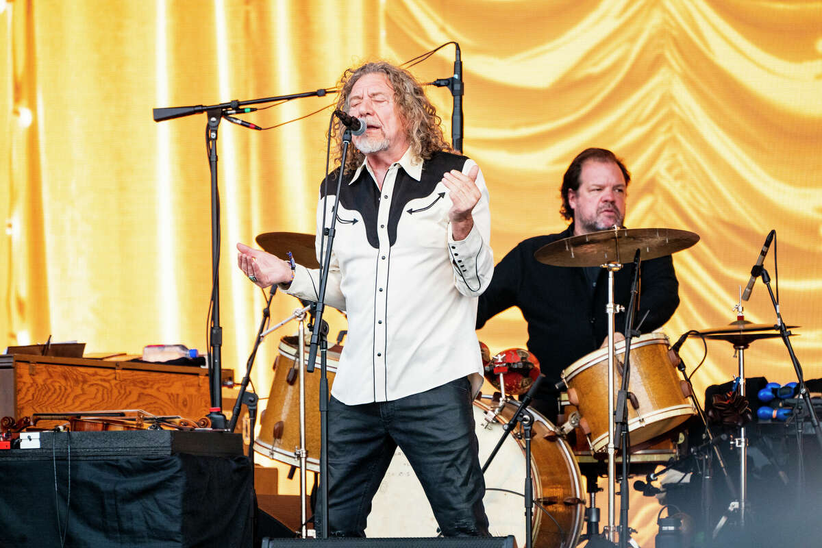 (L-R): Robert Plant and Jay Bellerose perform during 2022 Bonnaroo Music & Arts Festival on June 17, 2022 in Manchester, Tennessee.