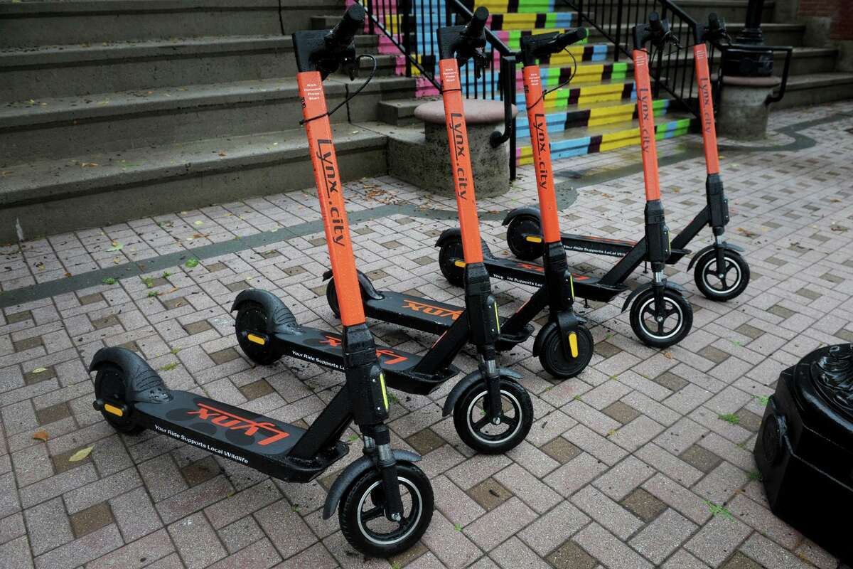 Lynx electric scooters are currently available for rent in Bridgeport, Conn., seen here June 30, 2020.