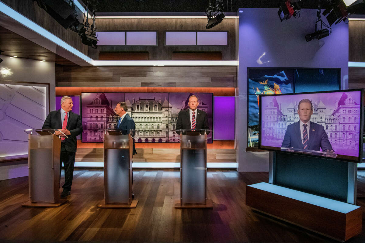 Harry Wilson, Rob Astorino, Lee Zeldin and Andrew Giuliani during a Republican gubernatorial debate at the studios of Spectrum News NY1 in New York.