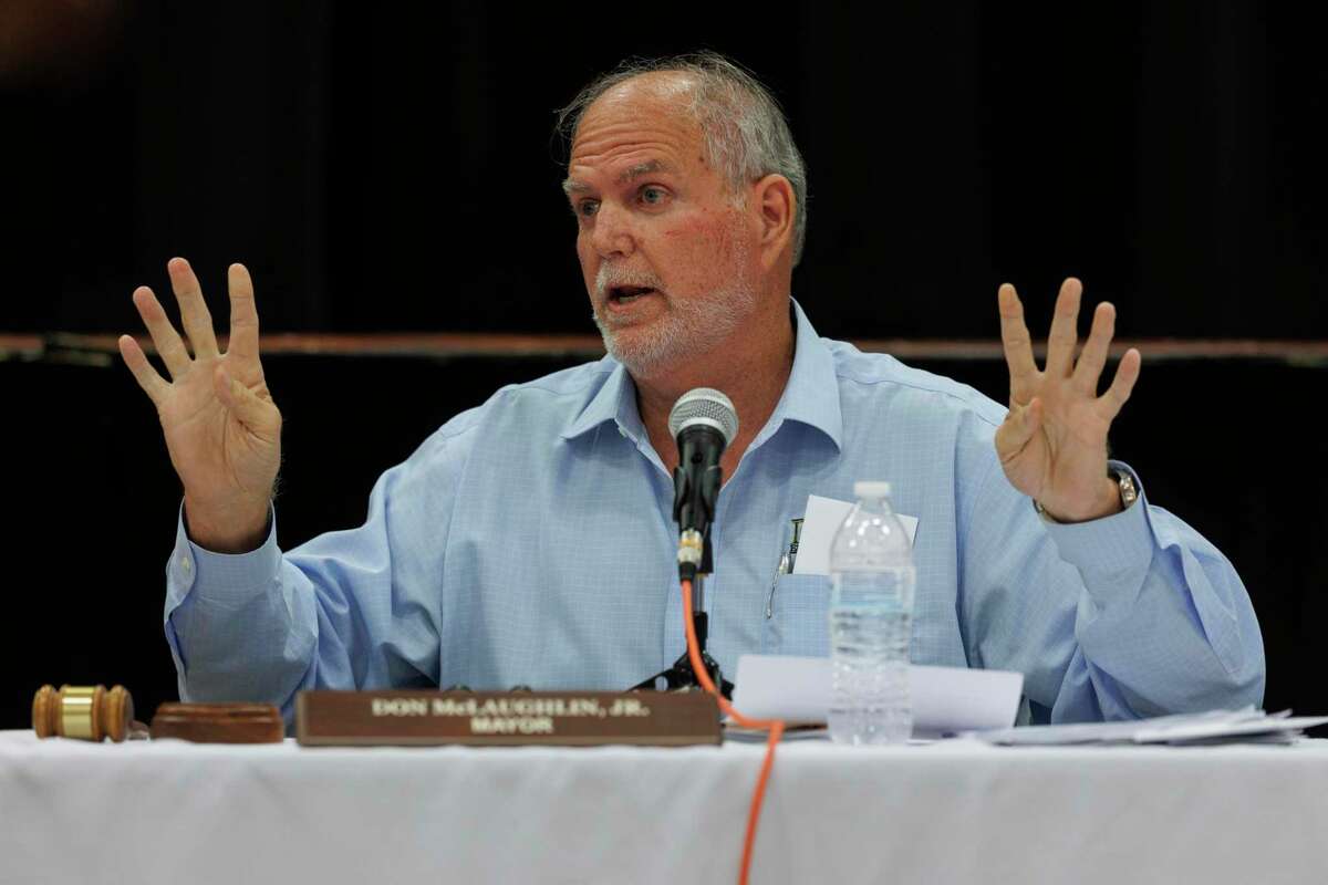 Uvalde Mayor Don McLaughlin answers questions from the community and news media during a special session city council meeting held at SSGT Willie de Leon Civic Center in Uvalde, Texas, Tuesday, June 21, 2022.