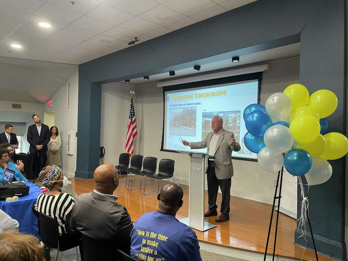 Norwalk Mayor Harry Rilling and several community officials and leaders celebrate continued investments into improving South Norwalk as part of the MLK Corridor Initiative on June 22, 2022.