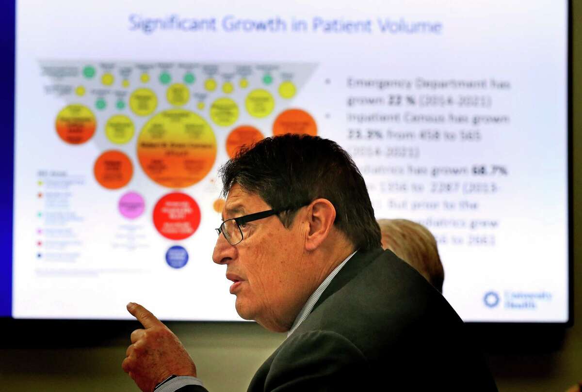 University Hospital President and CEO George Hernandez addresses the Bexar County Hospital District’s board. The board on Tuesday approved plans to build two new hospitals — one on the Southwest Side near Texas A&M University-San Antonio and one on the Northeast Side at Retama.