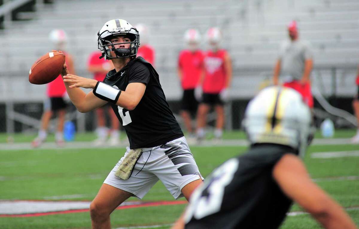 Trumbull QB Hunter Agosti during Grip It and Rip It 7-on-7 football tournament action in New Canaan, Conn., on Saturday July 10, 2021.
