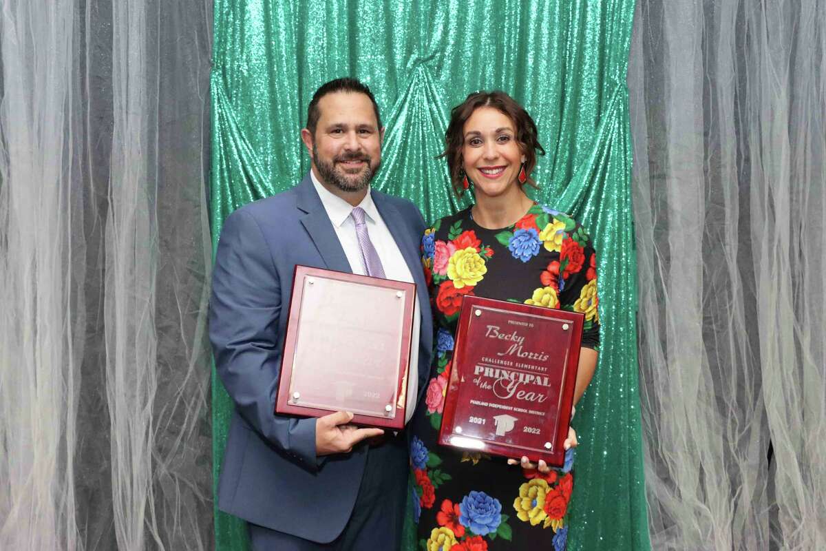 Pearland Junior High South’s Jason Frerking, left, and Challenger Elementary School’s Becky Morris have been named Pearland Independent School District’s 2022 Principals of the Year.