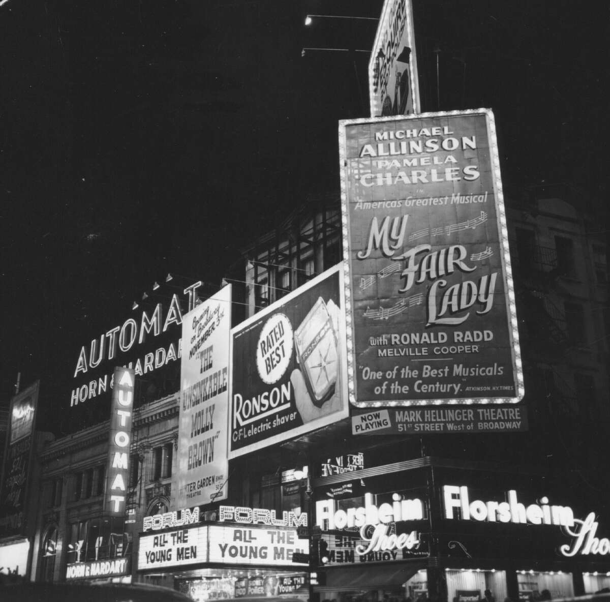 UNSPECIFIED - 1960: Photo of Broadway, showing the film 'All The Young Men' and the musical 'My Fair Lady'. (Photo by Michael Ochs Archives/Getty Images)