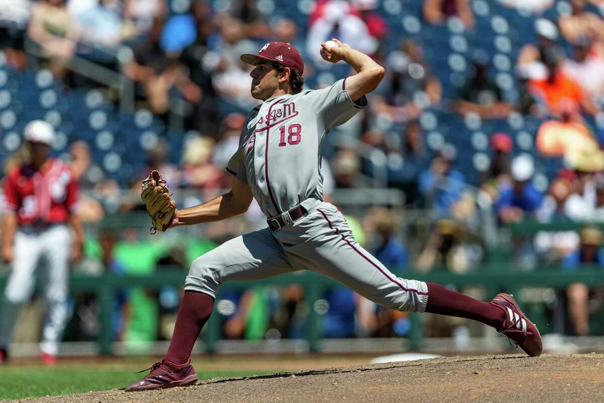 Texas A&M starting pitcher Ryan Prager (18) throws against Oklahoma in the third inning during an NCAA College World Series baseball game Wednesday, June 22, 2022, in Omaha, Neb. (AP Photo/John Peterson)