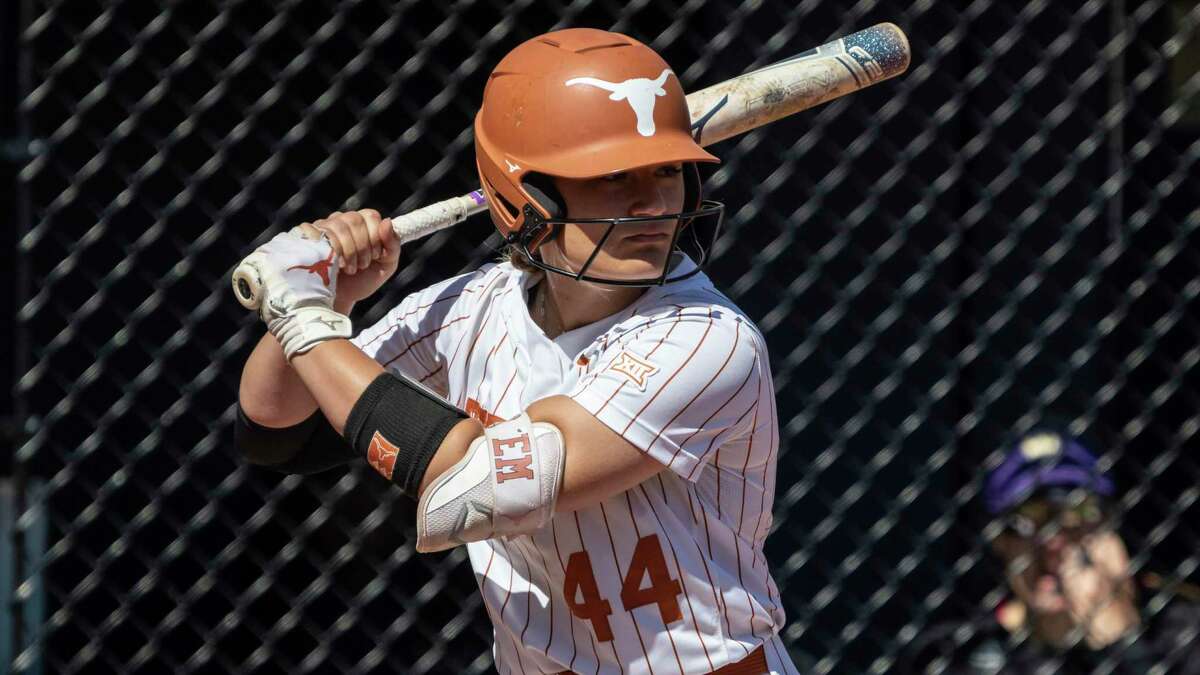 Texas' Katie Cimusz waits for a pitch during an at-bat in an NCAA softball game against Washington on Saturday, May 21, 2022, in Seattle. Texas won 8-2. (AP Photo/Stephen Brashear)
