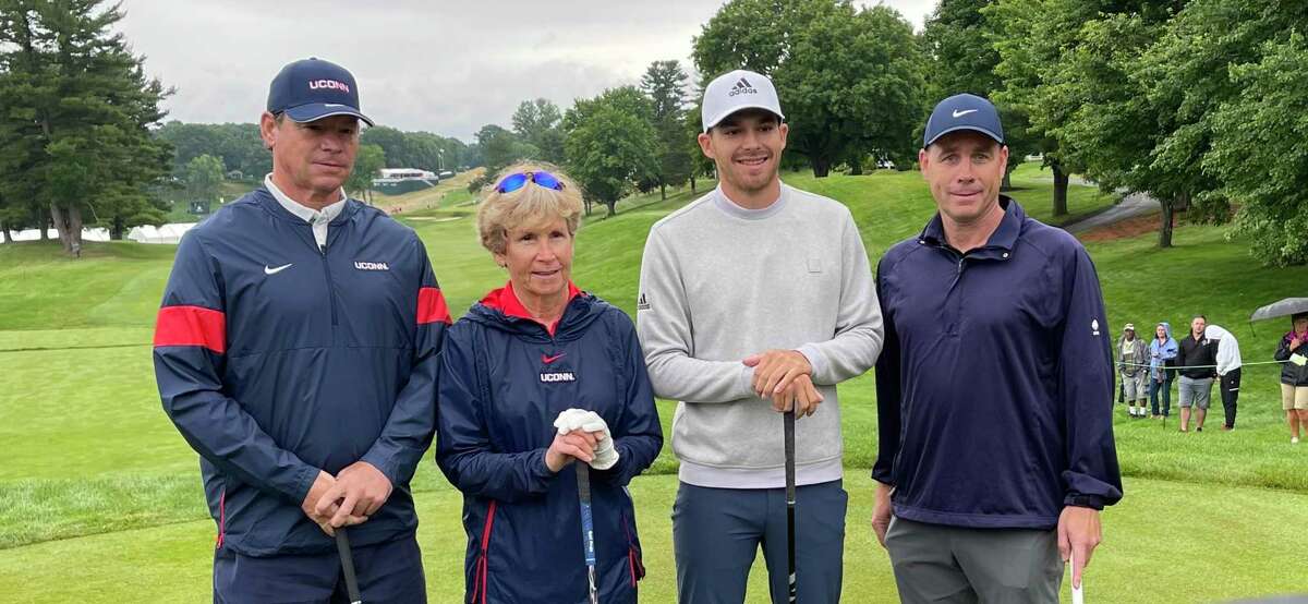 UConn football coach Jim Mora, former UConn field hockey coach Nancy Stevens, PGA Tour player Aaron Wise and UConn men's hockey coach Mike Cavanaugh formed one group Wednesday in the Travelers Championship Celebrity Pro-Am.