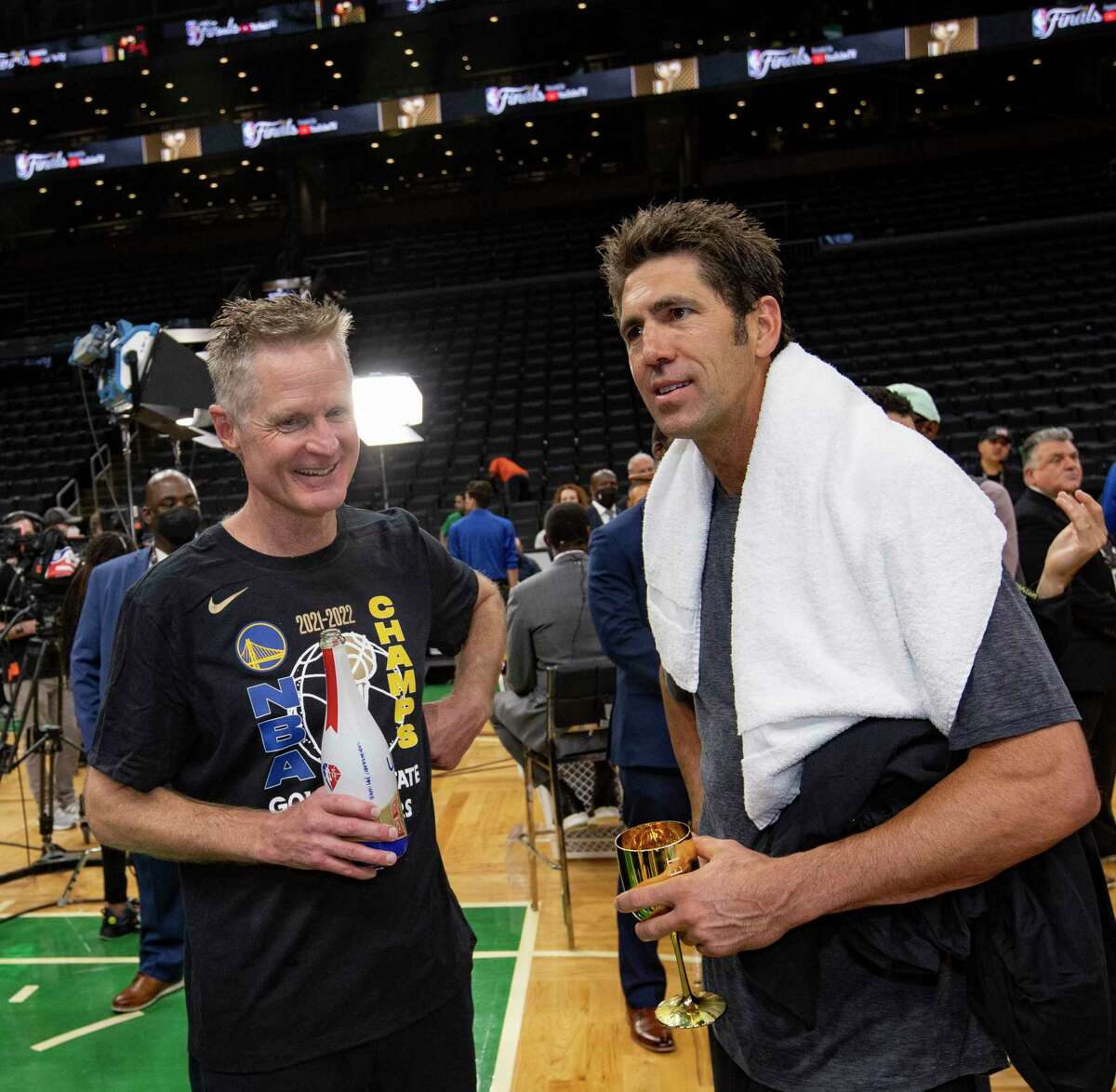 Golden State Warriors' Steve Kerr and Bob Myers celebrate after the Golden State Warriors defeated the Boston Celtics 103 to 90 in Game 6 to win the NBA Finals at TD Garden in Boston, Mass., on Thursday, June 16, 2022.