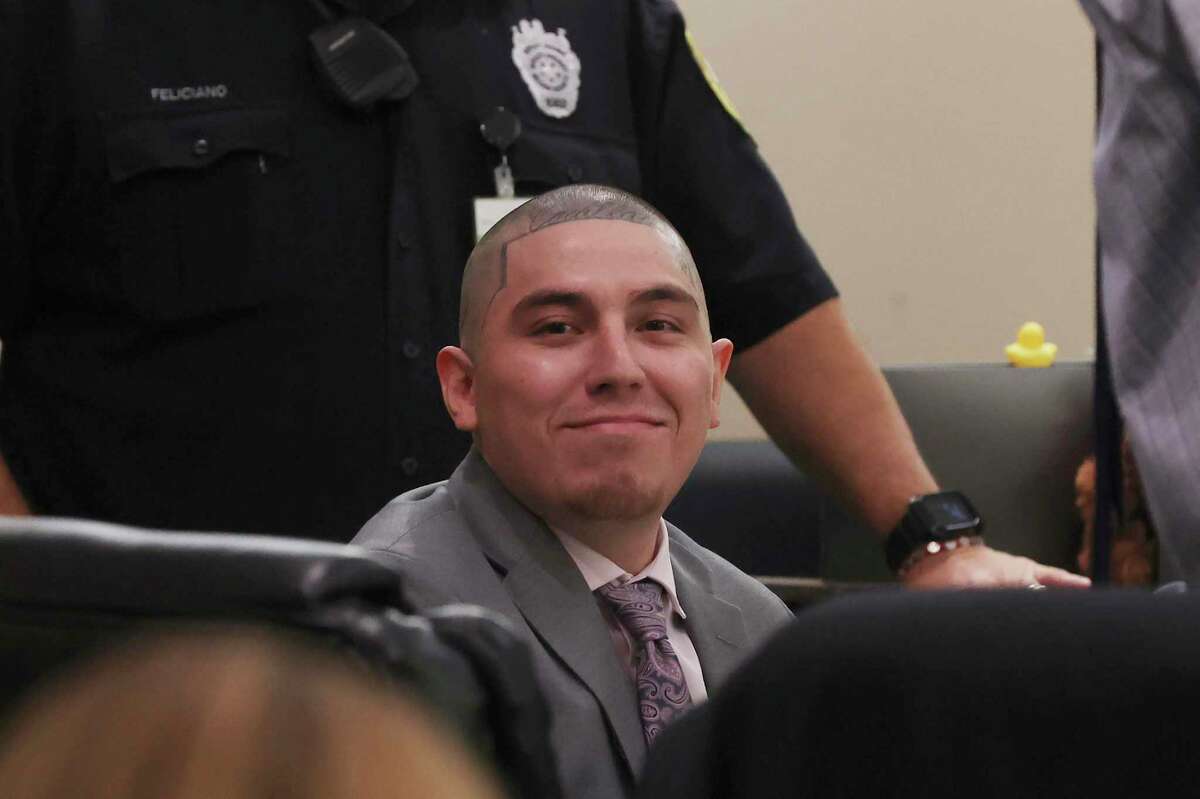 Eric Trevino smiles a someone in the spectator area before the start of his capital murder trial in the Bexar County 437th District Court, Wednesday, June 22, 2022. It was the first day of the trial and Trevino is accused in the shooting death of three-year-old Rene Blancas, Jr. on Nov. 4, 2017. The boy was riding in a vehicle with his parents and one-year-old baby sister, when Trevino is accused of shooting at the vehicle, striking the boy in the head. They were at the corner of Briggs Avenue and New Laredo Highway on the city’s southwest side.