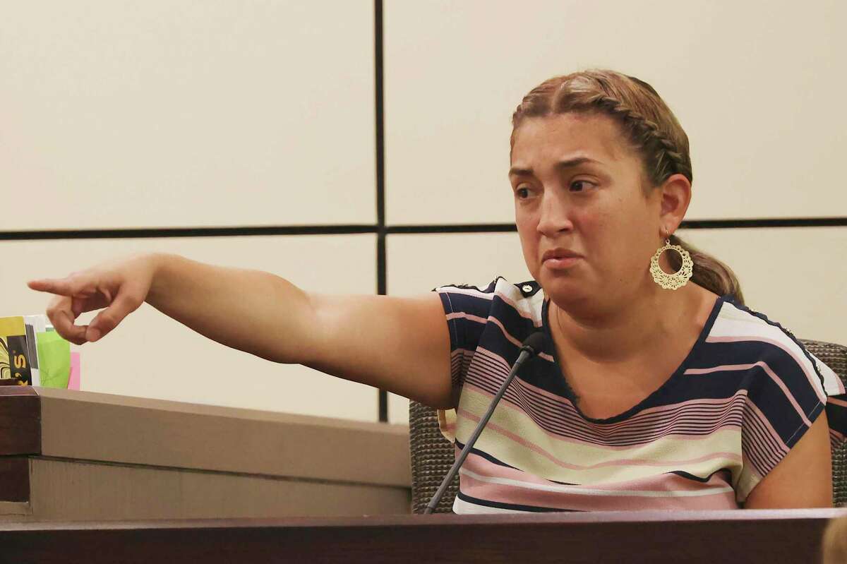 Melanie Santos points toward capital murder suspect Eric Trevino during a hearing before the start of the trial in the Bexar County 437th District Court, Wednesday, June 22, 2022. It was the first day of the trial and Trevino is accused in the shooting death of her three-year-old son, Rene Blancas, Jr., on Nov. 4, 2017. The boy was riding in a vehicle with his parents and one-year-old baby sister, when Trevino is accused of shooting at the vehicle, striking the boy in the head. They were at the corner of Briggs Avenue and New Laredo Highway on the city’s southwest side.