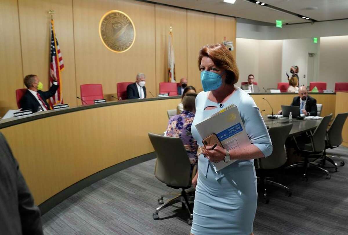 State Senate President Pro Tem Toni Atkins, of San Diego, leaves a hearing of the Senate Judiciary Committee after her measure to place a proposed amendment to the state Constitution that would protect the right to an abortion and contraceptives was approved on June 14, 2022.