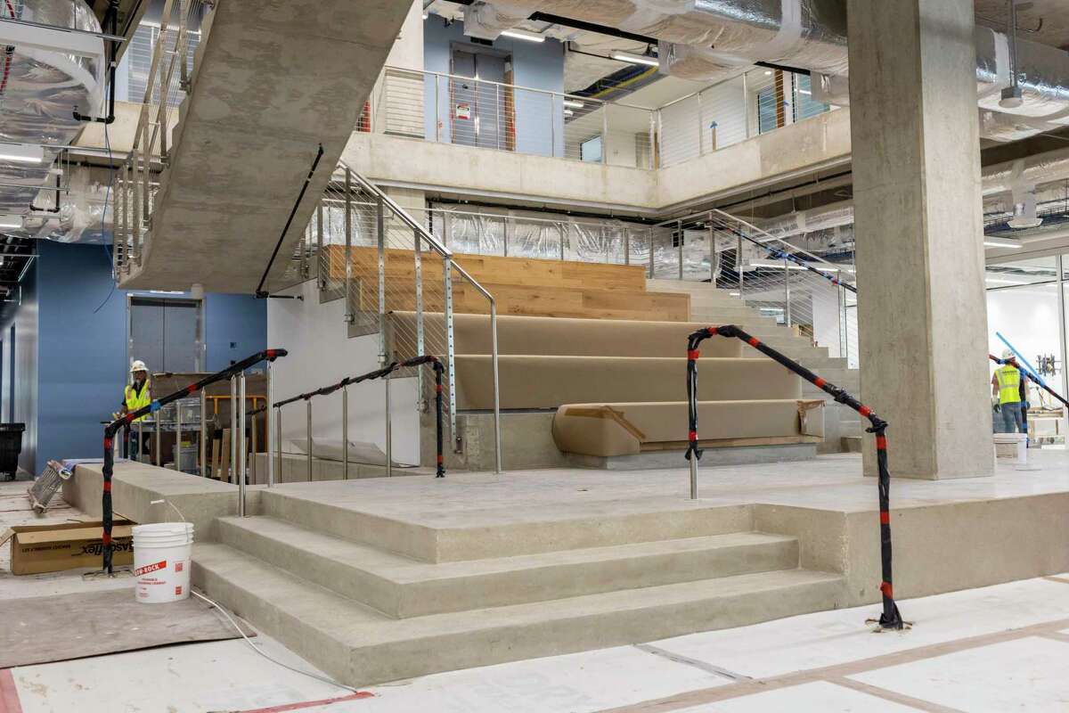 An auditorium space is the center of the first floor of the UTSA’s School of Data Science, which is under construction in San Antonio.