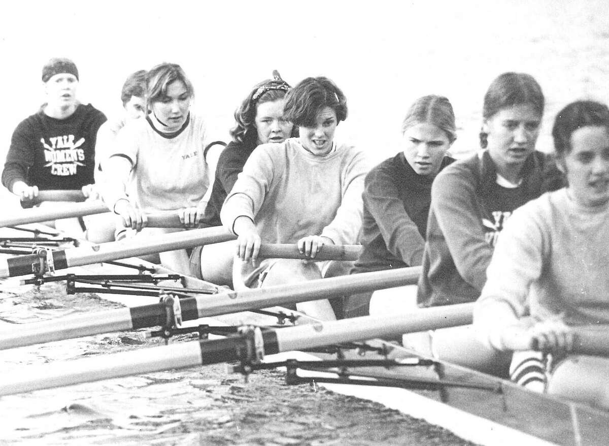 Ginny Gilder (center) rows on Yale's varsity women's crew team in 1975. Gilder was a freshman at Yale when the team led a strip-in protest in the athletic department's offices to demand access to showers following practices.