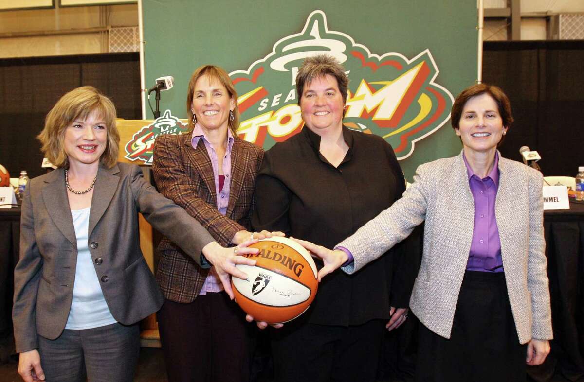 A local ownership group comprised entirely of women appeared at a press conference on January 8, 2007 announcing they will purchase the WNBA team, Seattle Storm allowing the team to remain in Seattle. From left to right: Dawn Trudeau, Ginny Gilder, Lisa Brummel, and Anne Levinson. (photo/Karen Ducey/The Seattle Post-Intelligencer)