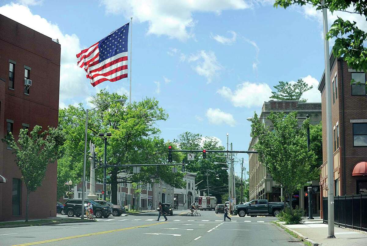 Main Street and Liberty Street in downtown Danbury is home to a massive U.S. flag.