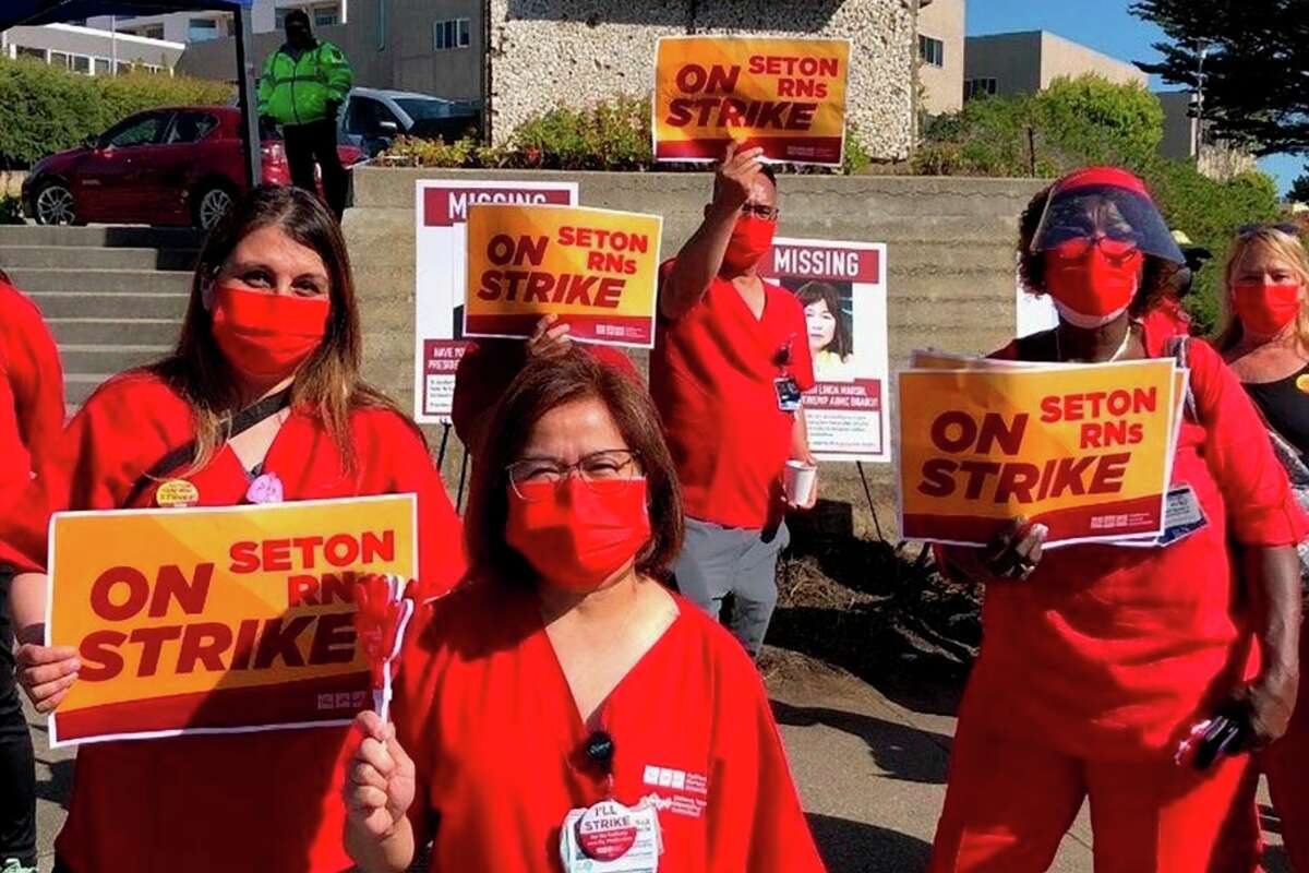 Nurses striking outside AHMC Seton Medical Center in Daly City Calif. Hundreds of nurses from AHMC started a two-day strike Wednesday morning, an effort, the nurses said, to call attention to what they described as the hospital’s prolonged inattention to critical supply problems.
