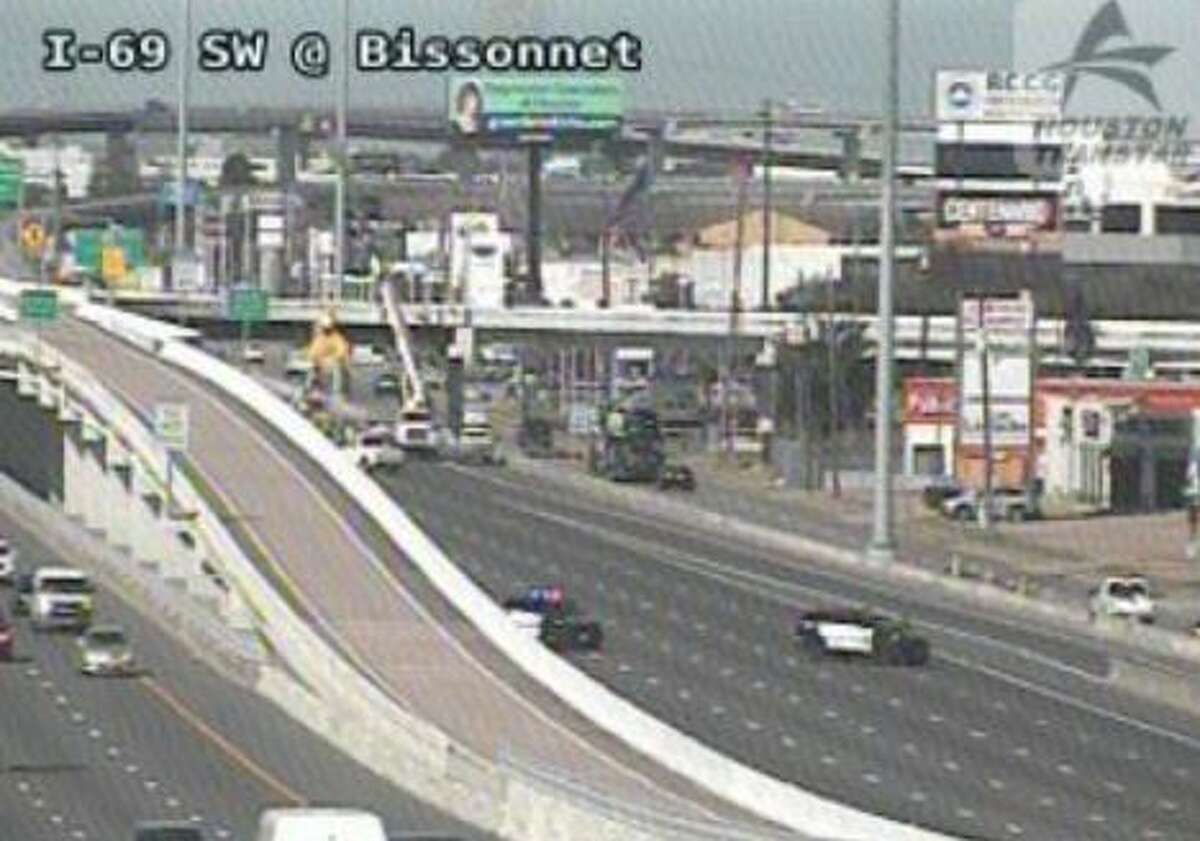 The Southwest Freeway at Bissonnet is closed after an accident there, leading to traffic backups, on Thursday, June 23, 2022.