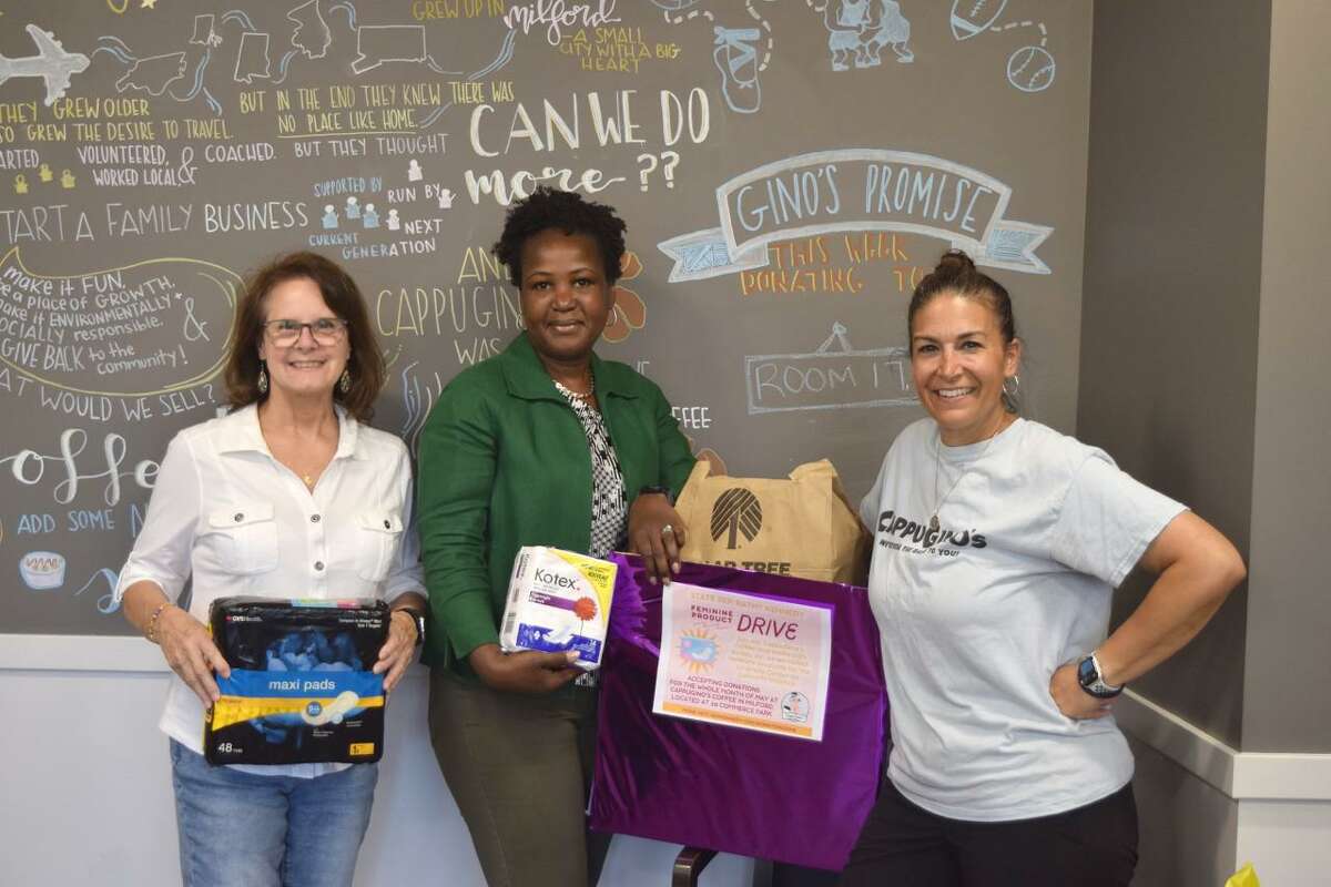State Rep. Kathy Kennedy with Esperina Stubblefield, Director of Domestic Violence Services, BHcare, Inc., and Julie Johnson, owner of CappuGino’s. Last month, Kennedy teamed with CappuGino's Coffee in Milford to host a feminine product drive for in-need area women.