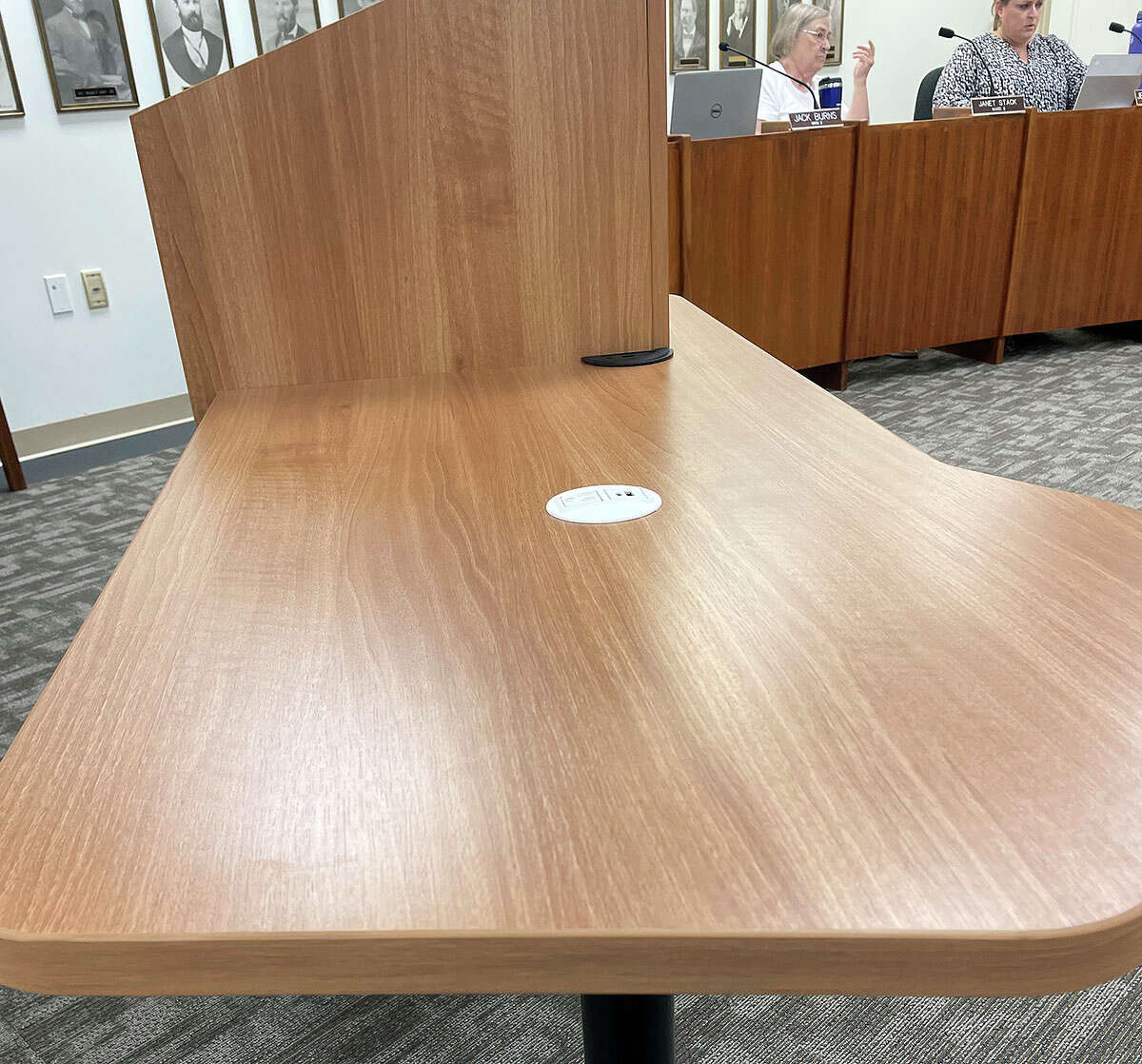 A shot of the ADA-accessible podium and table now in Edwardsville's city council chamber. 