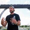 U.S. Marine Corps veteran Nicholas Tully-Fern discusses his journey walking from California to Georgia at the Montgomery County Veterans Memorial Park this week in Conroe. Tully-Fern is walking across America to support veterans and in memory of his friend, Ethan McKinney, who died a year ago,